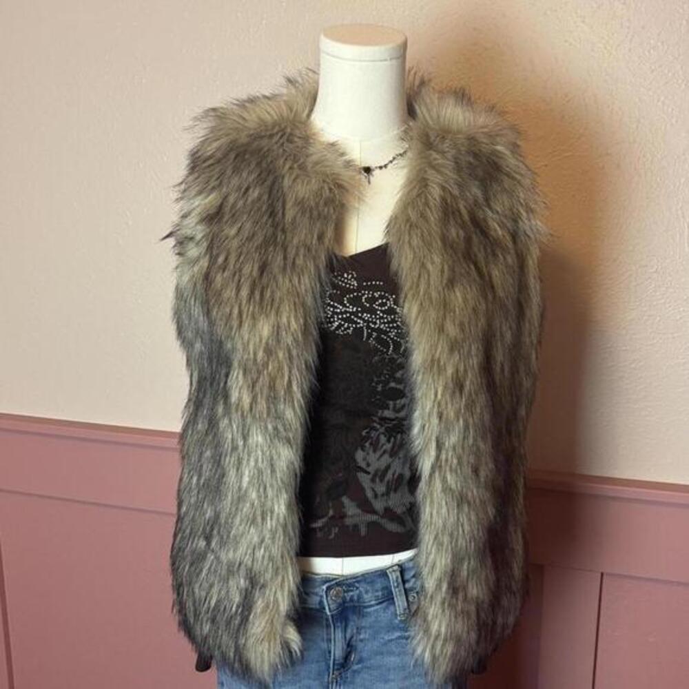 Gap Kids Y2K Faux Fur Vest Brown Tan McBling Boho Festival Adult S/M